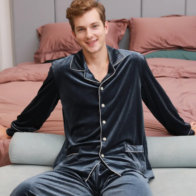 Mens Pajamas Set Winter Flannel  Thick Warm Sleepwear Turn-down Collar Button Elastic Waist Men Nightwear Home Clothes Pijamas
