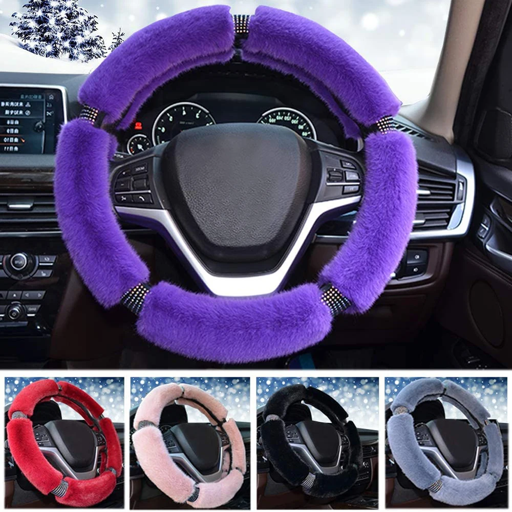 38cm Fluffy Steering Wheel Cover Plush Steering Wheel Covers with Bling Rhinestones Diamond Warm Cover for Winter Women Girl images - 6