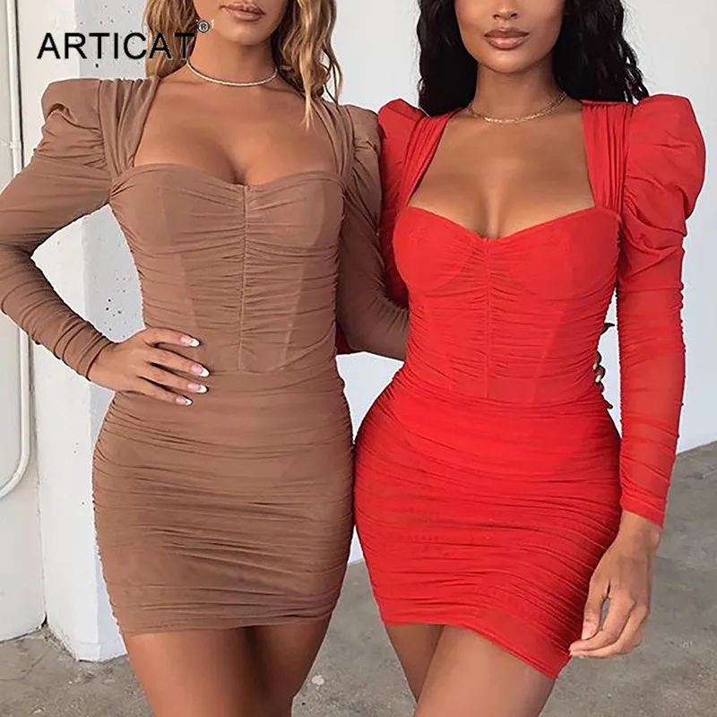 Articat сексуальное облегающее Сетчатое платье с рюшами женское Пышное красное мини