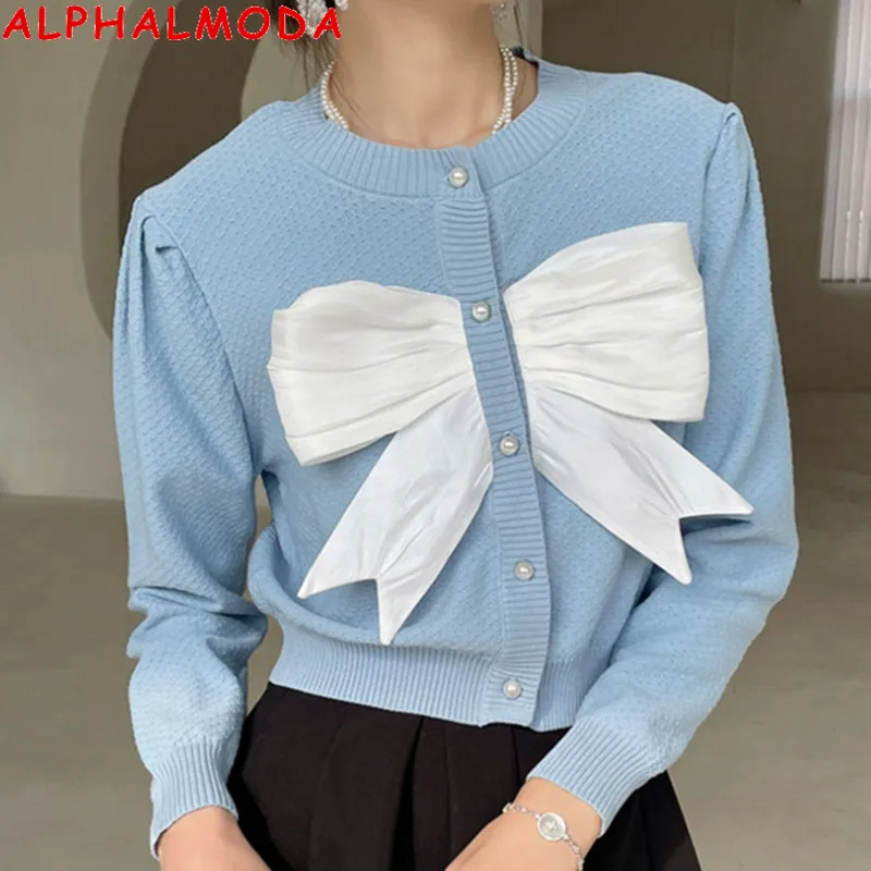 Женский однобортный Кардиган ALPHALMODA с бантом длинными рукавами буфами на весну 2022