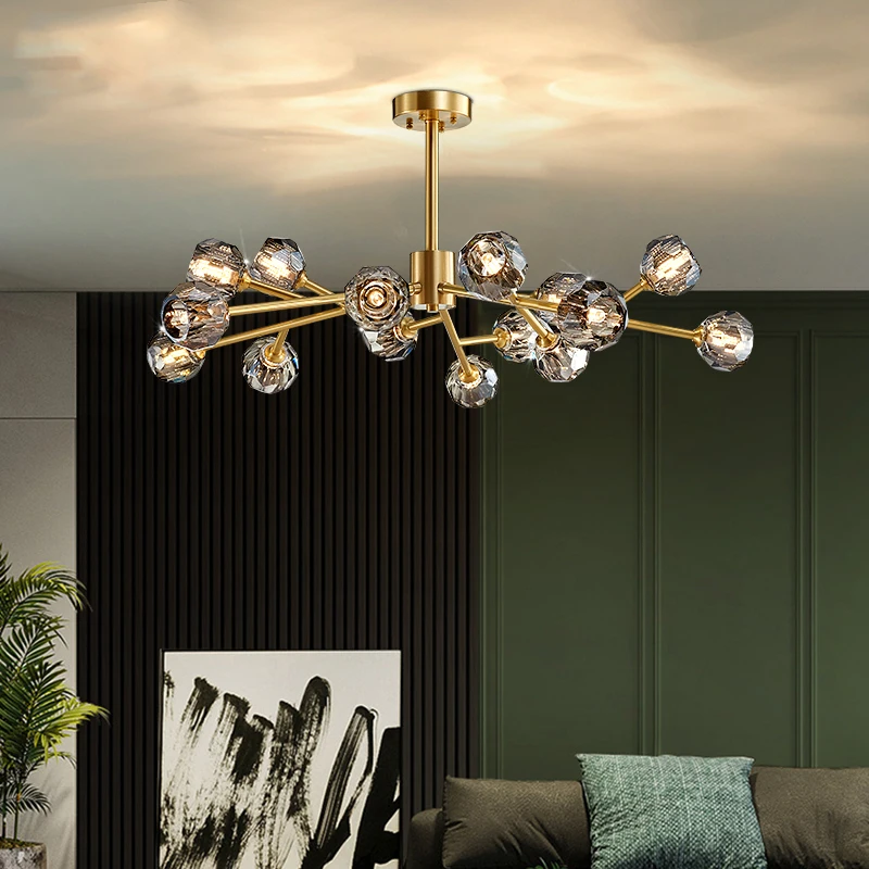 

American Retro All Copper Crystal Chandelier Lighting Modern Led Chandeliers Living Room Lustre Molecular Kitchen Hanging Lamps