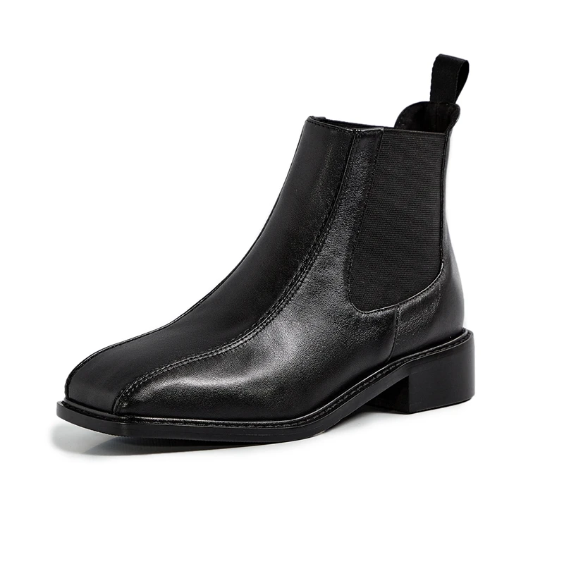 

Ankle Women Boots Autumn Genuine Leather Slip-on Elastic Band Round Toe Classic Elegant Flat Shoes Ladies Botas High Heel Boots