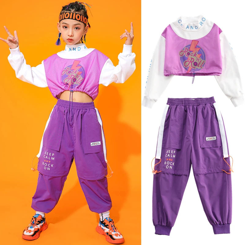 

2021 Jazz Dance Costumes For Kids Long Sleeve Purple Hiphop Suit Girls Boys Ballroom Hip Hop Clothes Performance Costumes DN7910