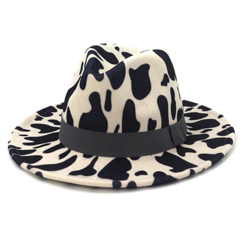 

women hats winter autumn cow pattern spotted with ribbon band belt fedora hats felted jazz caps cute wide brim women winter hats