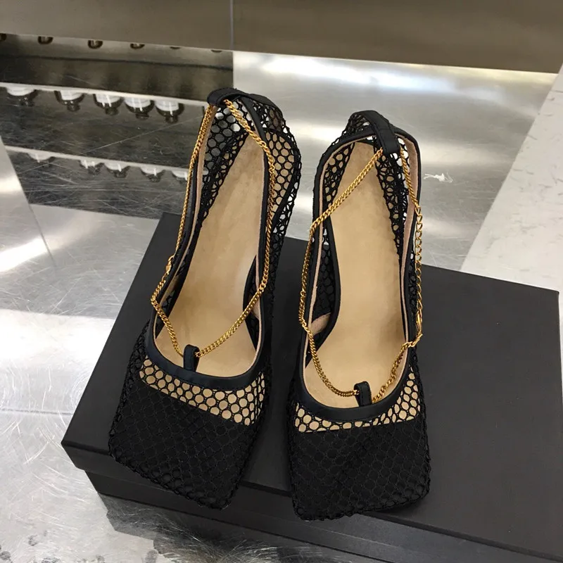 Hot Sale Shoes Woman Sandals Square Toe Metal Chain High Heels Designer Zapatos De Mujer | Обувь