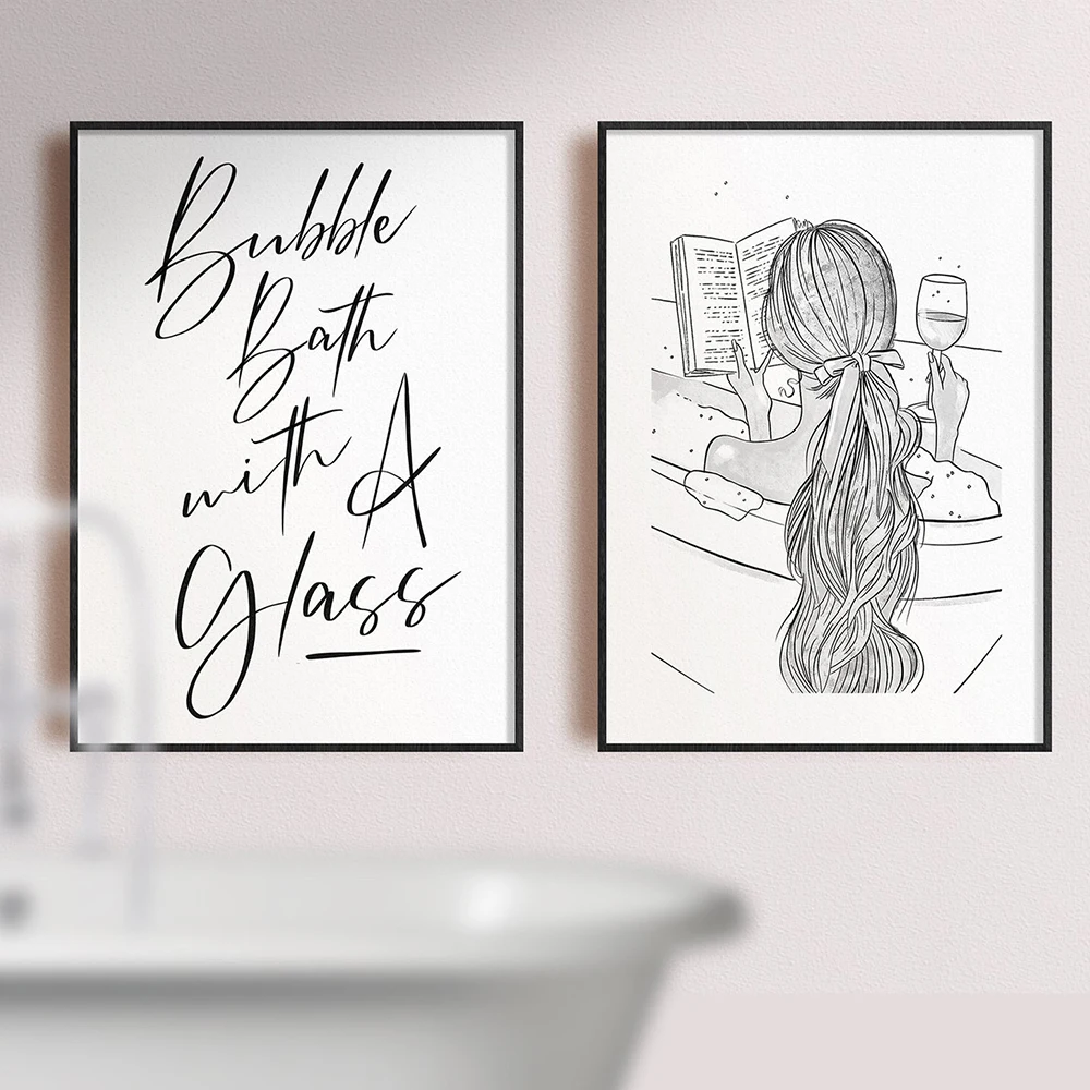 

Bathroom Canvas Painting Bubble Path Quote Canvas Art Poster Black and White Shower Picture Fashion Girl Print On The Wall Decor