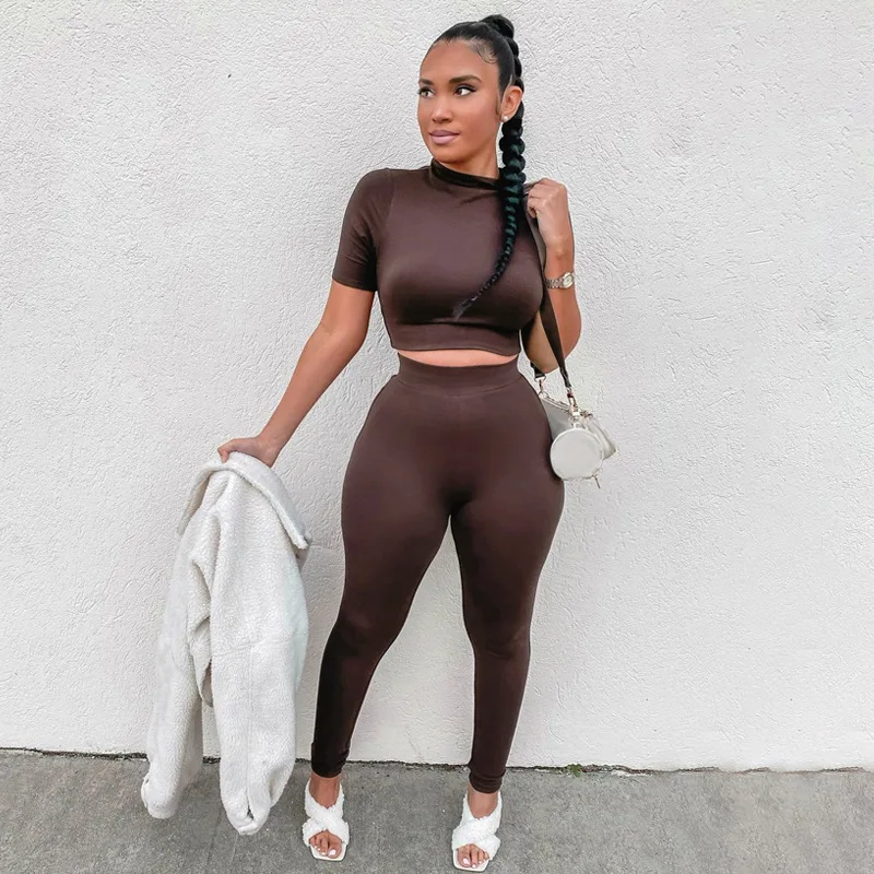 

2020 Winter Women Sport Fitness 2 Two Piece Set Outfits Long Sleeve Crop Tops Tshirt Leggings Pants Set Bodycon Tracksuit
