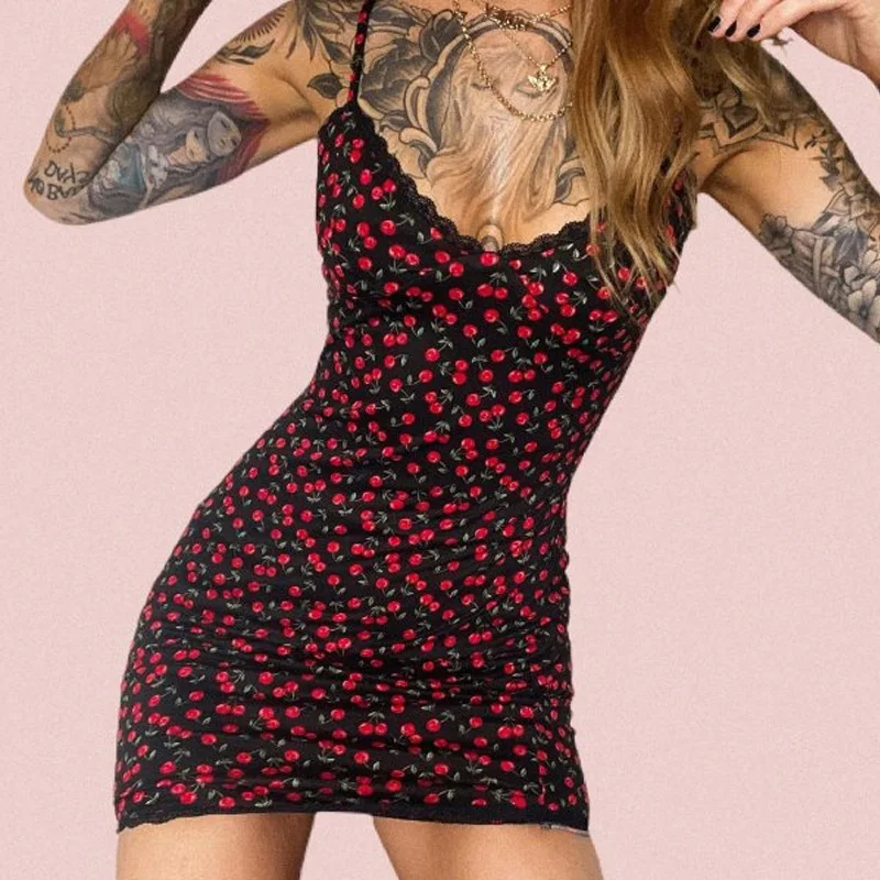 

Cute Floral Print V-Neck Sleeveless short Dress Summer Women Lace Patchwork Y2K Clothing Beachwear