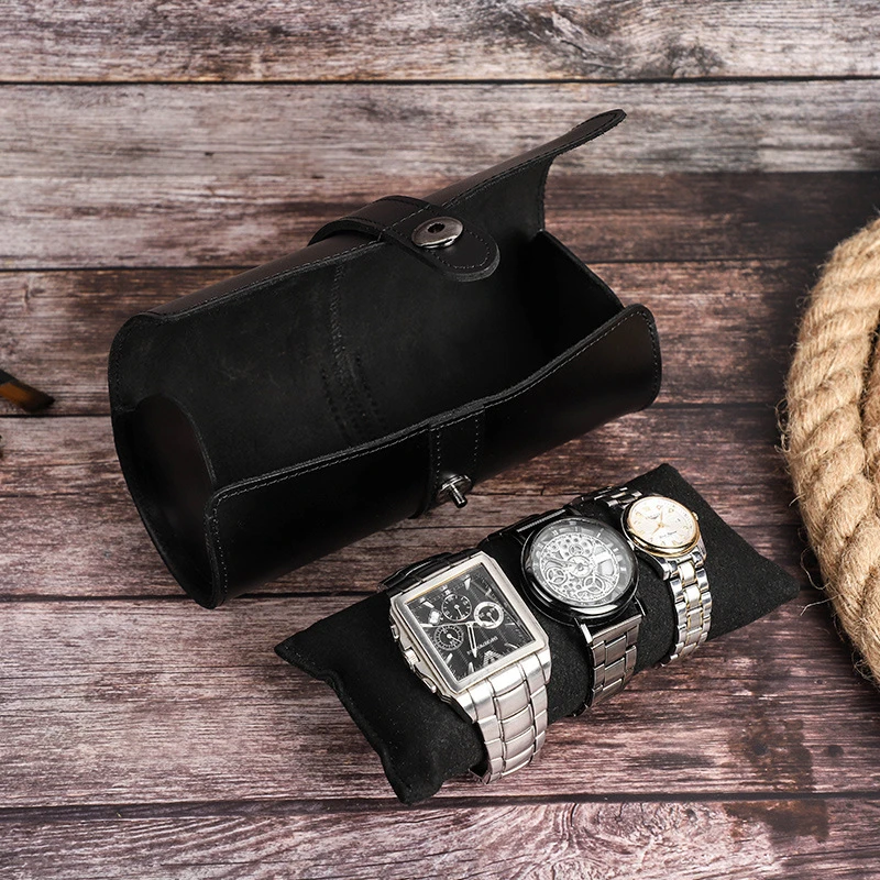 

Cow Leather 3 Slot Watch Box Handmade Watch Roll Travel Case Wristwatch Pouch Exquisite Retro Slid in Out Organizer