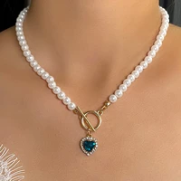 flatfoosie elegant pearl choker heart crystal pendant necklace for women imitation pearls ot buckle necklace trendy jewelry gift