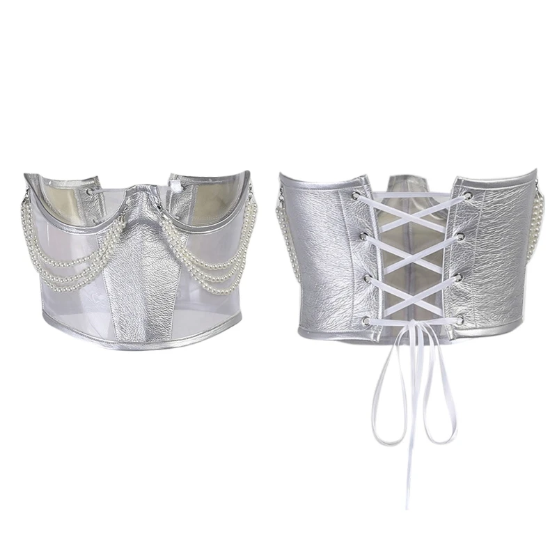 

Women Sexy Underbust Corset Crop Top Pearl Chain Faux Leather Bustier Body Shaper Cincher Mesh Patchwork Waist Belt