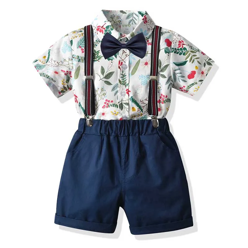 

Комплект летней одежды для маленьких мальчиков, рубашка с коротким рукавом и галстуком-бабочкой + шорты на бретелях, костюм джентльмена из 3 ...