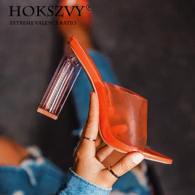

HOKSZVY 12CM 2020 Women Slippers Block Heels Thick Heel Crystal Heel Slippers Sexy Women Sandals Transparent Women's Shoes ZL