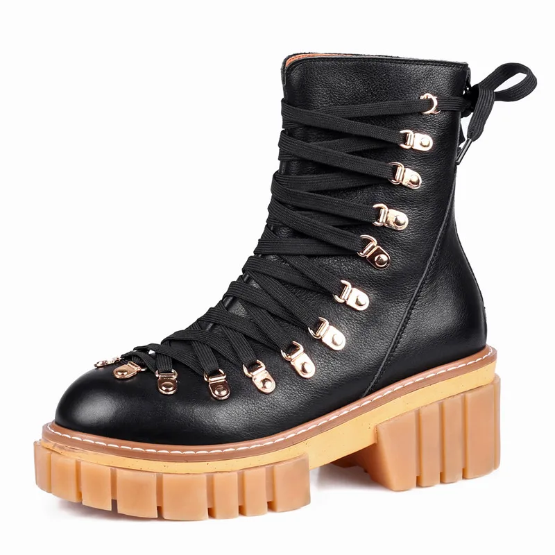 

Ботильоны на толстой подошве, с перекрестной шнуровкой, красивые кожаные ботинки на металлической пуговице, с круглым носком, женские черны...