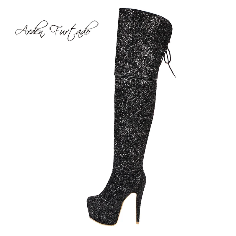 

Модная женская зимняя обувь с острым носком на шпильках, сексуальные элегантные женские сапоги выше колена с золотистыми блестками, Arden Furtado