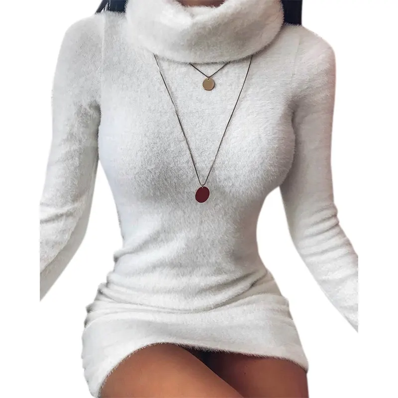 

Plush Women's Dress Winter Autumn Turtleneck Knitted Top Long Sleeve Jumper Vestido De Mujer Women Clothing White Mini Dress