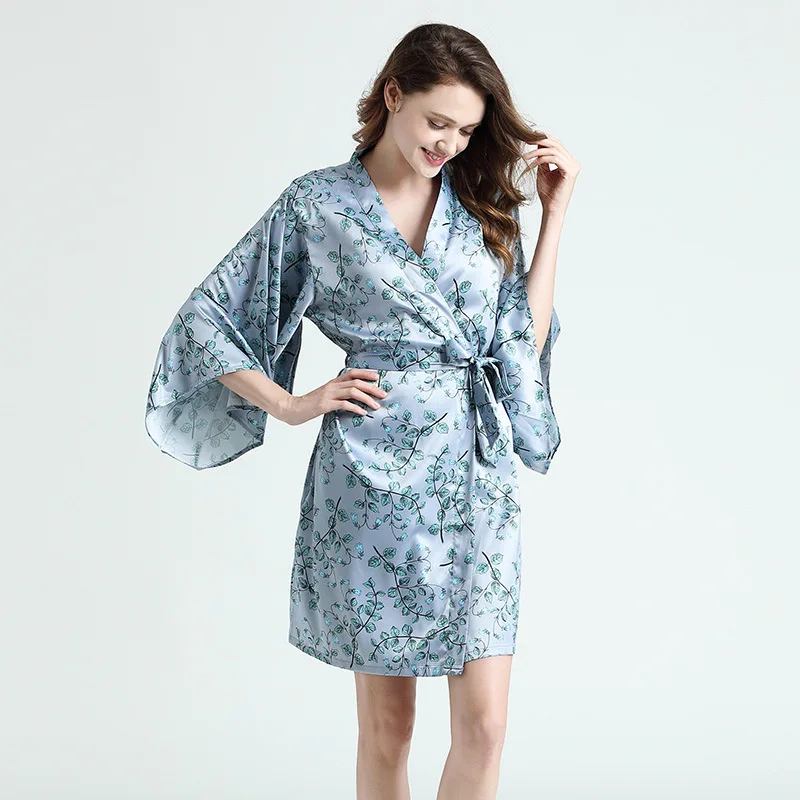 

Satin Lady Kimono Bathrobe Gown Print Sleepwear Nightgown Silky Intimate Lingerie Nightdress Casual Home Dressing Gown Homewear