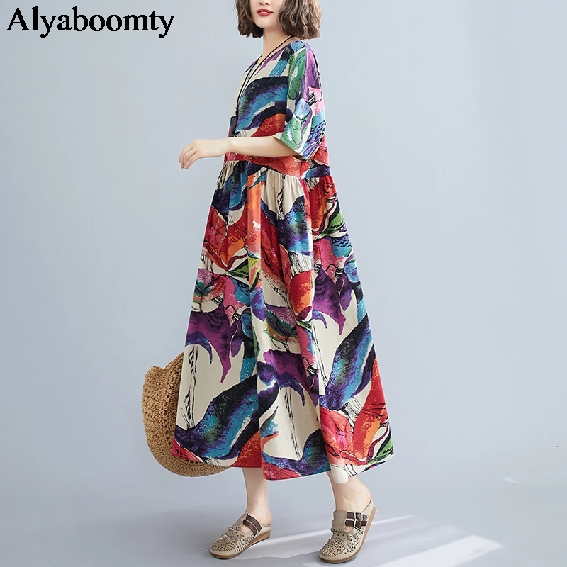 

Plus Size Summer Women Long Dress O Neck Contrast Color Printed Oversized Vestido Mujer Cotton Linen Vintage Loose Elegant Dress