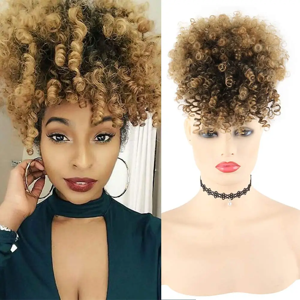 

Short Kinky Curly Chignon With Bangs Synthetic Hair Bun Drawstring Ponytail Afro Puff Hair Pieces For Women Clip Hair Extension