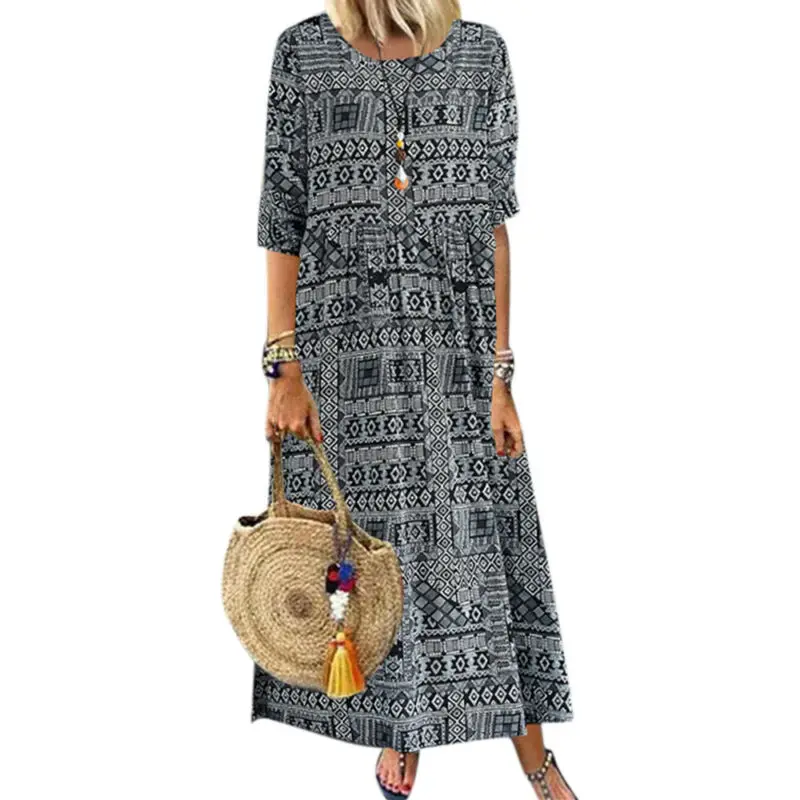 

Womens Crew Neck Long Sleeve Floral Printed Casual Baggy Holiday Dress Plus Size