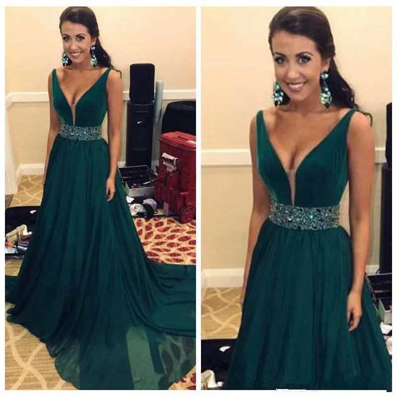 

Hunter Green 2020 Long Evening Dresses Sexy V Neck Crystal Beading Chiffon A Line Formal Prom Gowns Pageant Dress Party Gowns