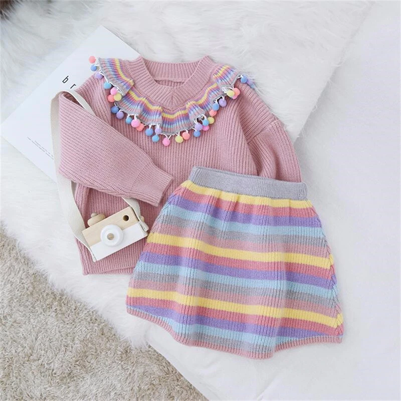 Ali1499P Knit комплекты трикотажной одежды для девочек; детский шерстяной свитер в полоску; платье-комбинезон; пуловер с кроличьими волосами; комплект одежды для детей - Цвет: Ali1499P