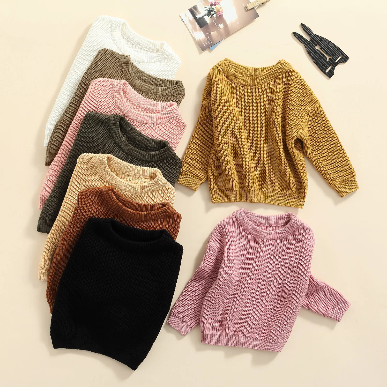 

Baby Girls Boys Clothes Solid Color O-neck Sweater Loose Fit Long Sleeve Knitted Pullover For Autumn Winter Warm Sweaters