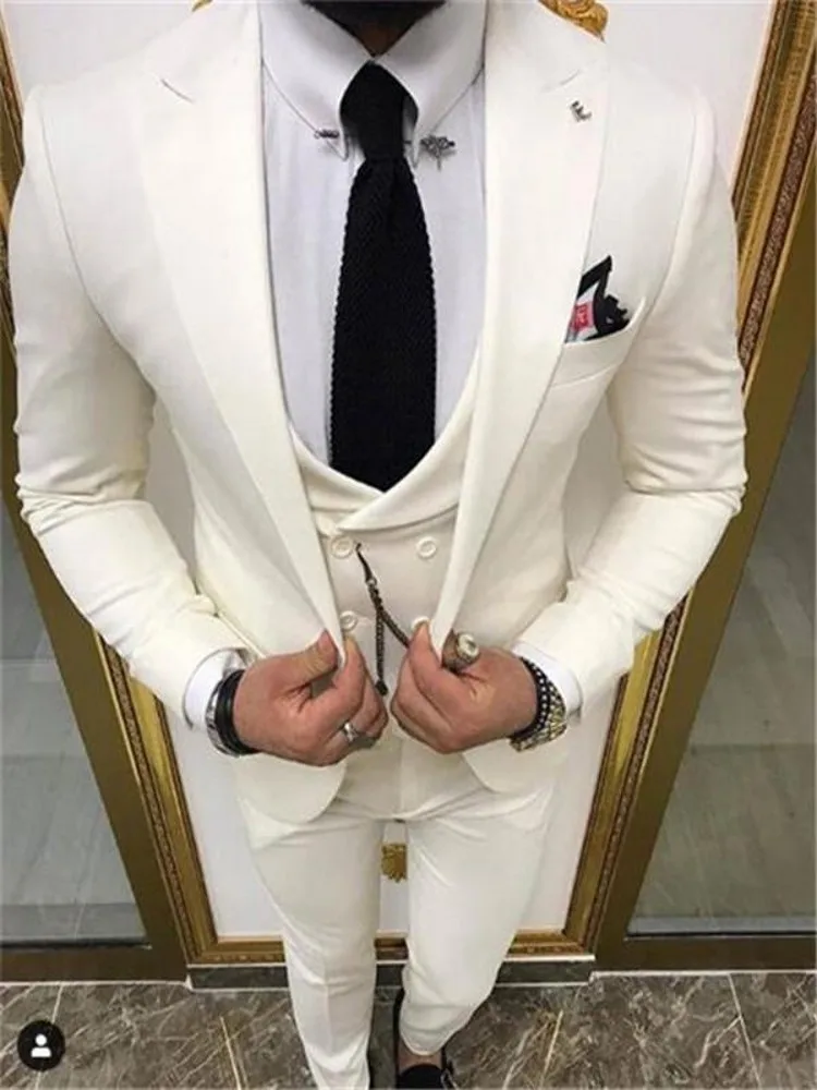 

New Arrival Men Suits Ivory Groom Tuxedos Peak Lapel Groomsmen Wedding Bridegroom 3 Pieces ( Jacket + Pants + Vest + Tie )