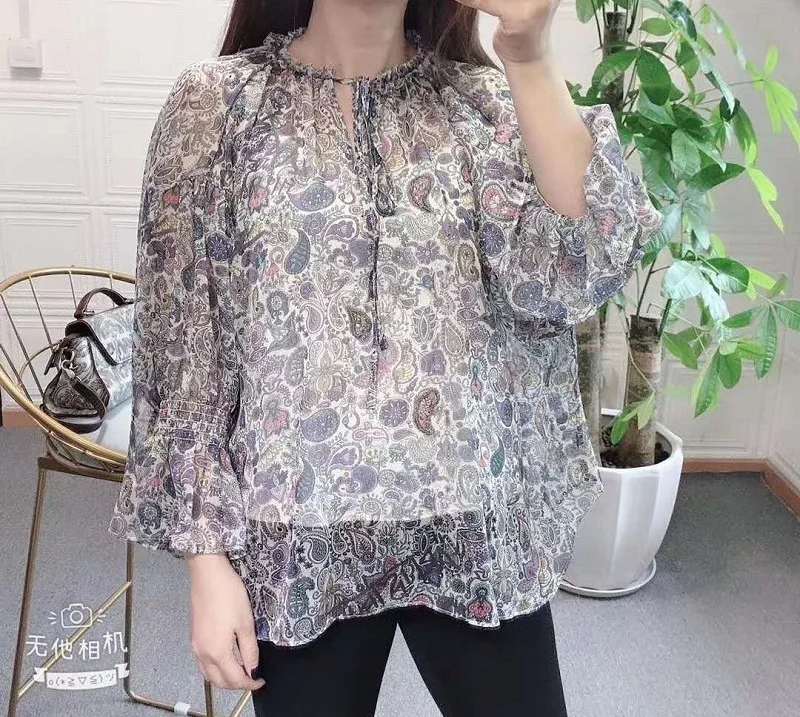 

High Quality Shirt 2020 Spring Summer Fashion Women Vintage Print Flare Sleeve Casual Loose Blouses Female Tops