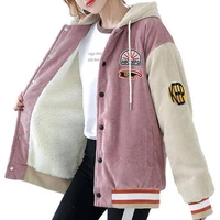 pink winter plus velvet college style women hoodie jacket casual corduroy stitching harajuku letter badge coat clothes female