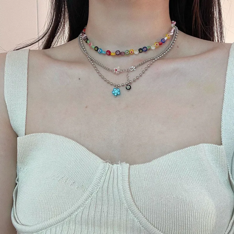

3 PCS New Fashion Personality Glass Flower Necklace for Women Jewelry Set Gifts