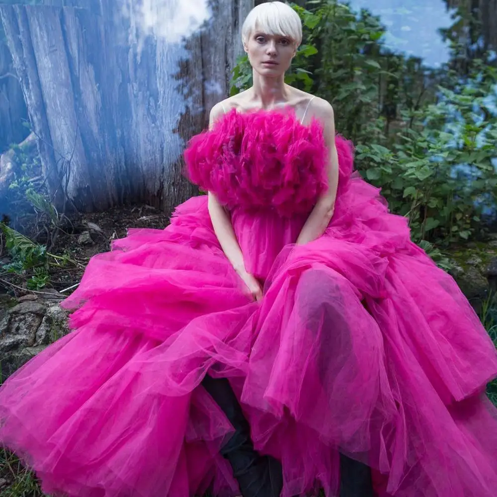 Фатиновое платье цвета фуксии с высокой и низкой оборкой длинное платье-пачка