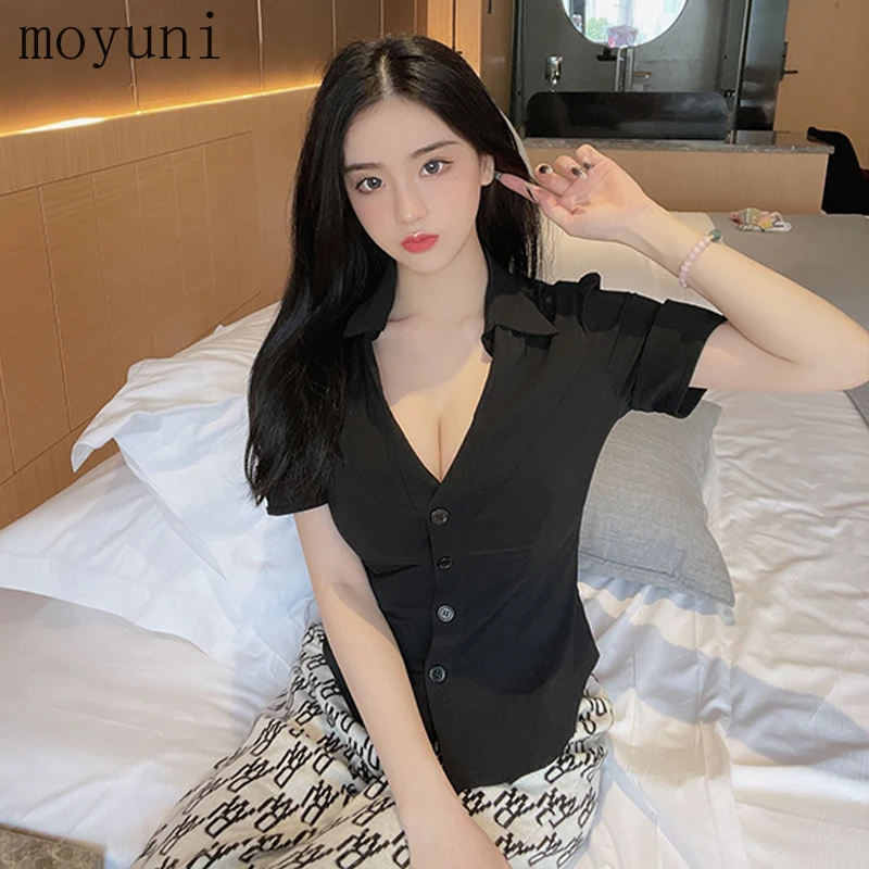 

Stand Collar Short-Sleeved Shirt 2021 New V-neck Slim Black Ol Shirt Uniform Sexy Low Cut Top Shirt Women's Clothing Casual Kpop