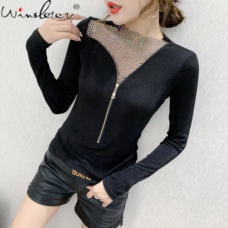 

Женская футболка на молнии, облегающая футболка с блестящими стразами, модель T00909A в Корейском стиле на весну и осень, 2020