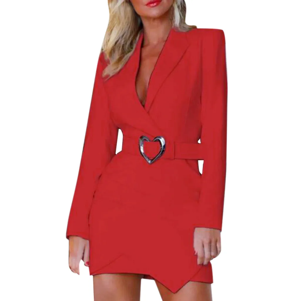 

Fashion Women Dress Solid Turn Down Neck Long Sleeve Belt Overlap Hem Brief Workwear Dress short office Simplicity dresses