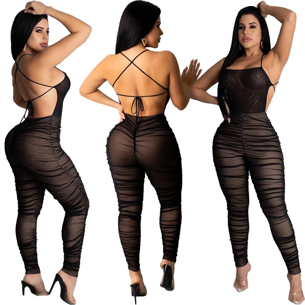 

Black Gauze Grid Thin Perspective Bodycon Long Jumpsuit 2020 New Design Night Club Sexy Women Backless Bar Rompers Catsuit