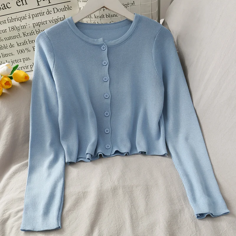 

Женский однобортный трикотажный свитер, кардиганы с длинным рукавом и круглым вырезом, шикарные Короткие топы, 2021