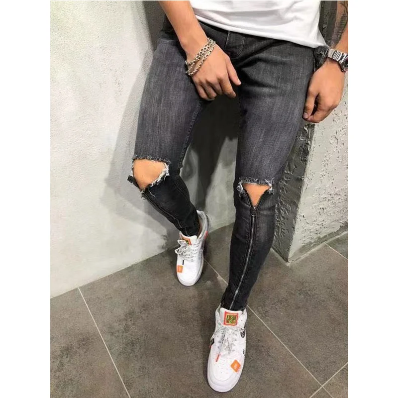

WEPBEL Men Vintage Hole Zipper Jeans Mens Casual Hip Hop Ripped Long Pencil Pants Female Slim Fit Distressed Trousers