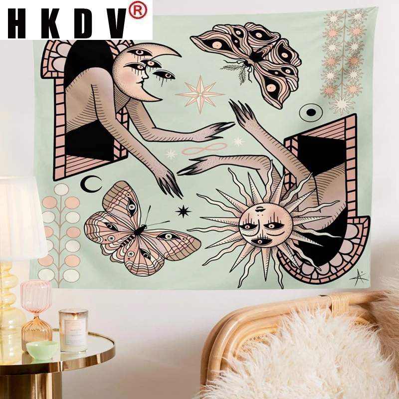 

HKDV Sun Moon Boho Hippie Tarot Tapestry Wall Hanging Covering Rugs Background Cloth Beach Mat Blanket Art Bedroom Dorm Home Dec