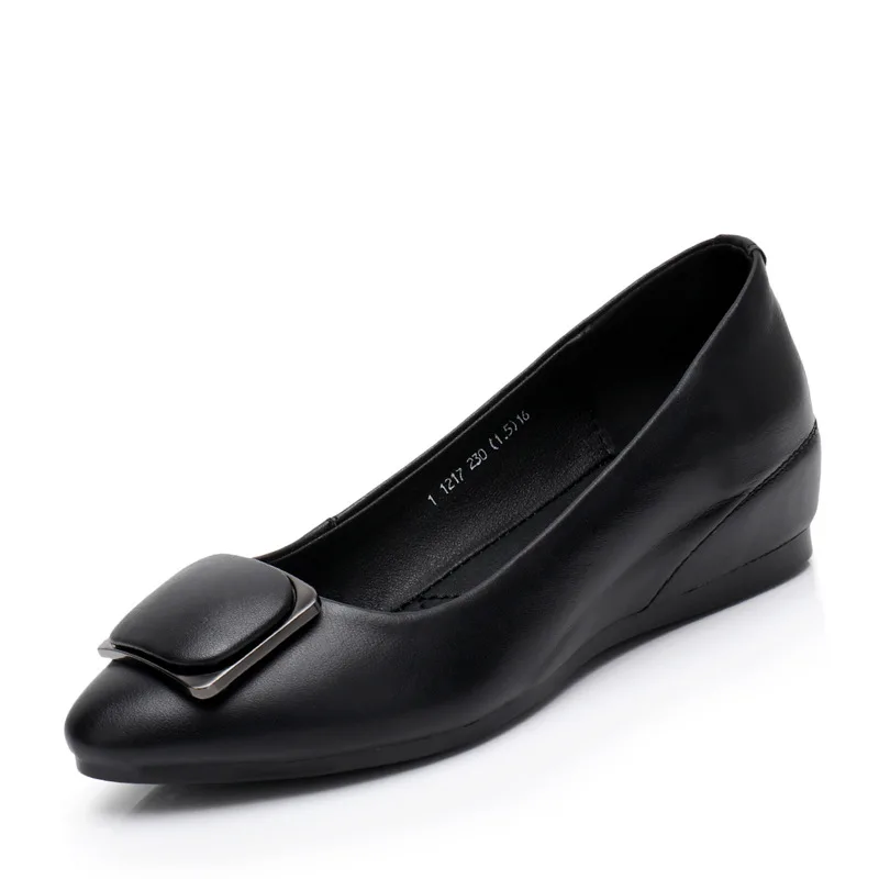 

Light mouth work shoes black round head cowhide single shoes spring summer slope heel leather soft sole mother shoes