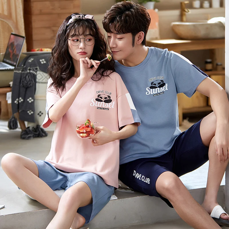 

Simple Casual Loose Large Size Men's Short-sleeved Kawaii Red Panda Letters 3XL Home Wear Summer Couple Pajamas Ladies Sleepwear