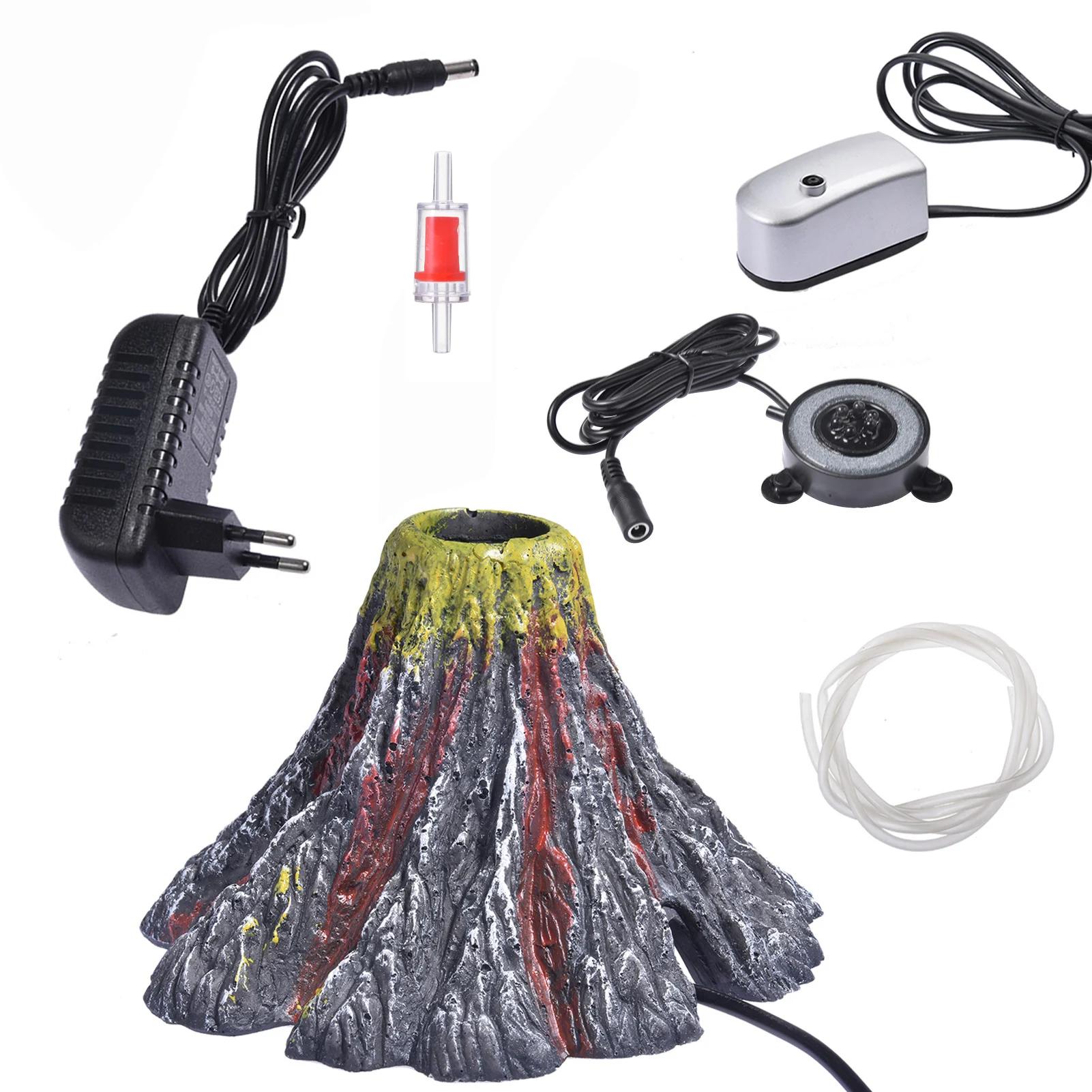 

Aquarium Resin Volcano Ornament Kit With Air Pump RGB LED Light Adapter Fish Tank Decorations Fish Toy Realistic