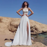 luxury a line chiffon wedding dresses sleeveless hand embroidered charming gowns o neck sexy high split robe de