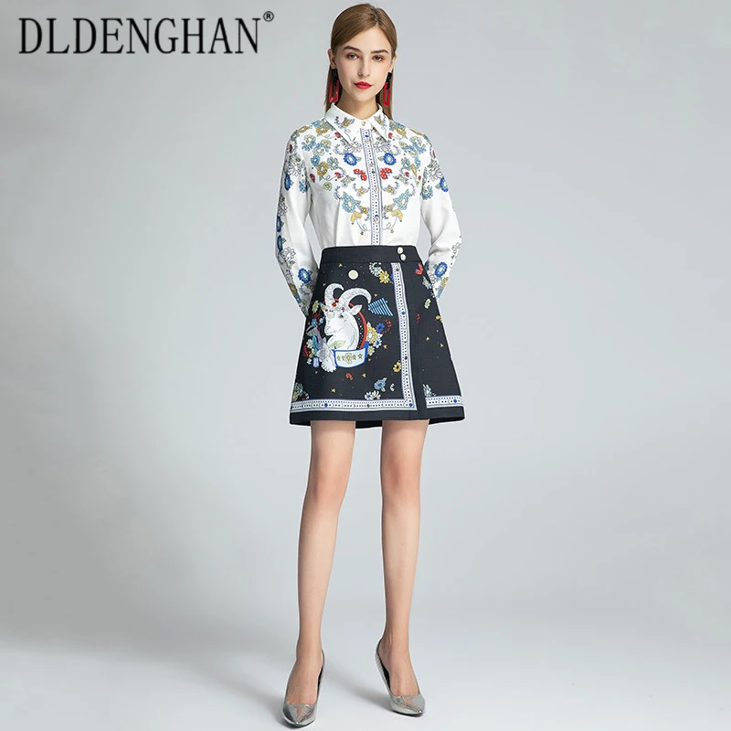 

DLDENGHAN Fashion Floral Print Set WomenSingle Breasted Long Sleeve Blouses Top + Mini Skirt Two-Piece Suit Designer Autumn New