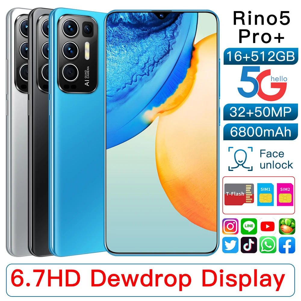 

Smartphone 6.7Inch Rino5 Pro+ Snapdragon888 16+512GB Deca Core Mobile Phone Dual SIM Face Unlock 6800mAh Newest Cellphone