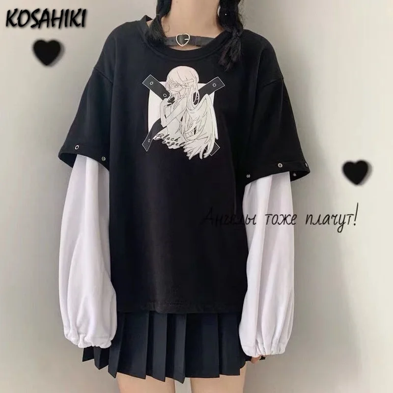 

KOSAHIKI Japanese Style Kawaii Hoodie Women 2021 Harajuku Cartoon Print Hoodie Harajuku Womens Autumn Patchwork Long Sleeve Top