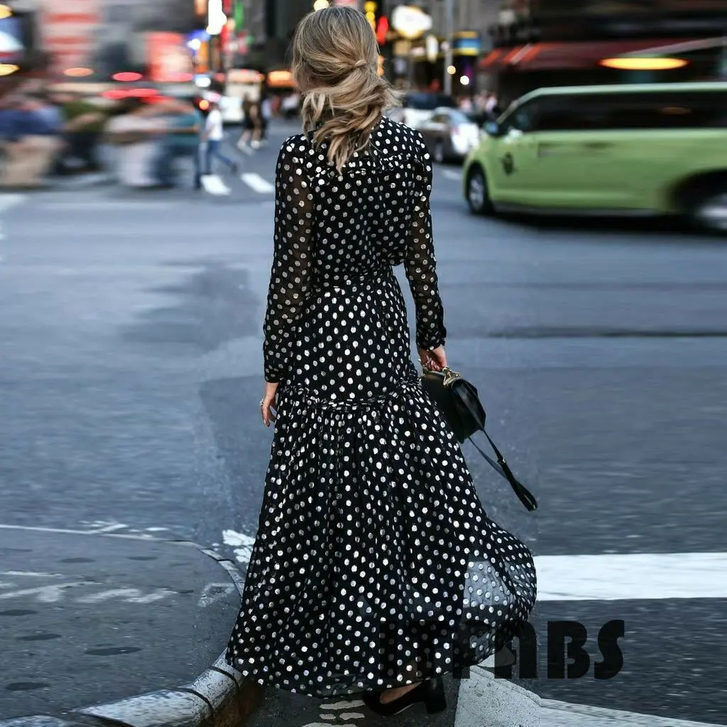 

Newest Street Dresses Women Long Polka Dot Printed Maxi Dress V-neck Party Shirt Dresses