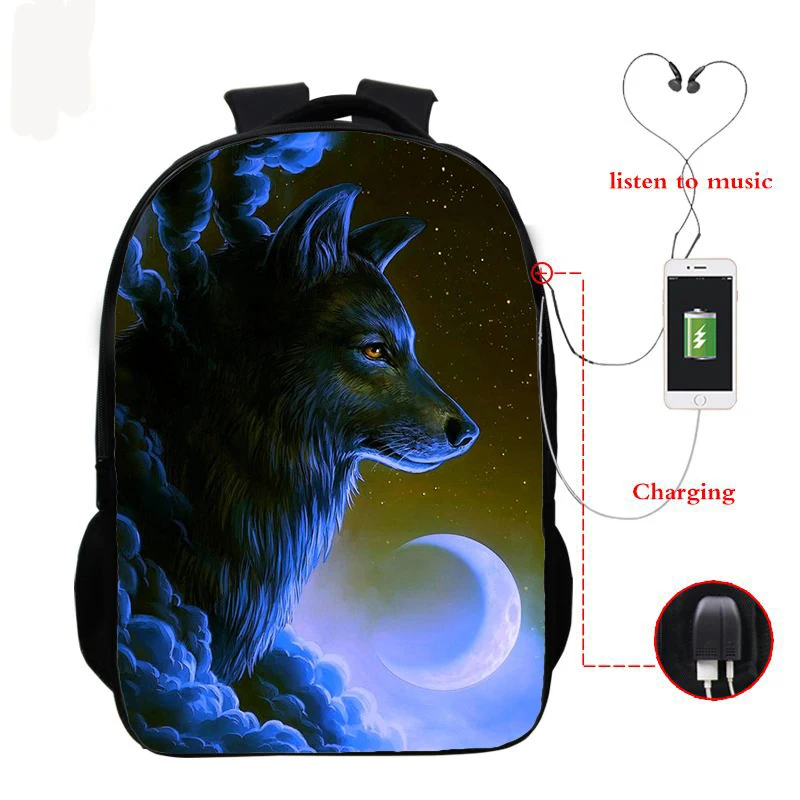 Рюкзак с 3D принтом волка для мальчиков и девочек Mochila школьная сумка студентов