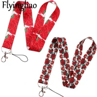 red rose flowers lanyard keys phone holder funny neck strap with keyring id card diy animal webbings ribbons hang rope