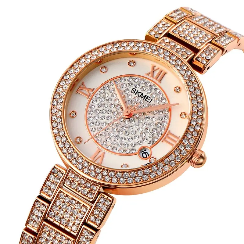 

1739 Fashion Elegant Watch Rhinestone Decoration Zinc Alloy Watch Strap Date Display 3ATM Waterproof Female Quartz Watch